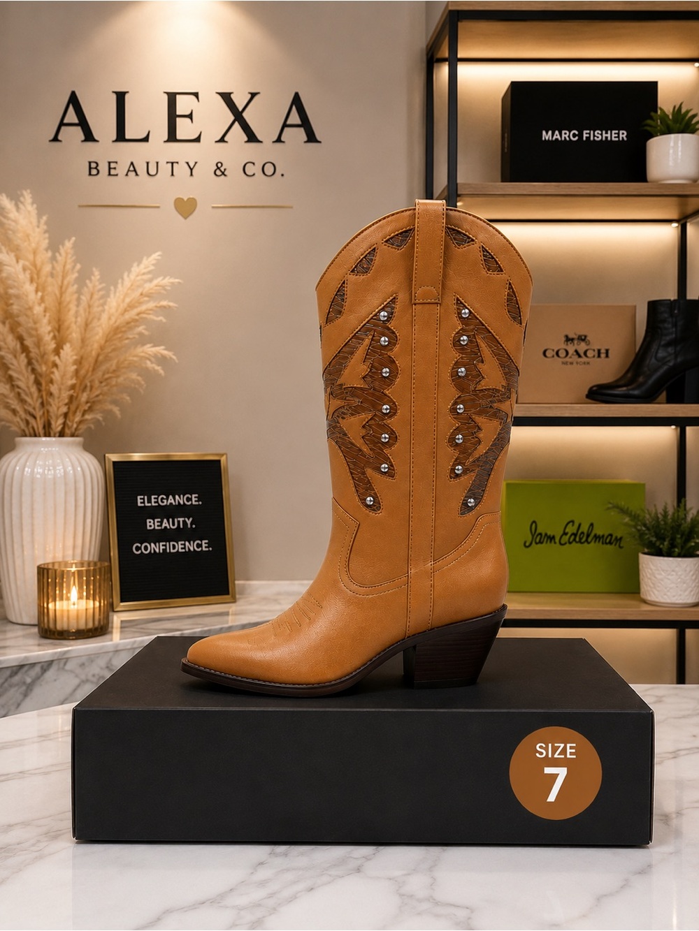 Madden Girl Tan Western Embellished Mid-Calf Boot